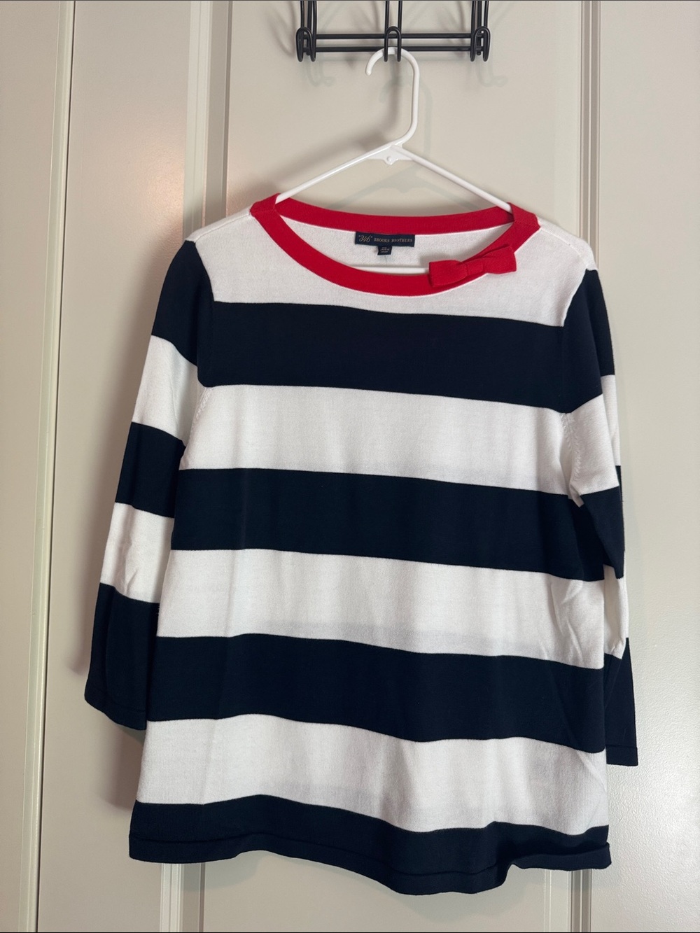 Brooks Brothers Navy and White Striped Top with Red Trim
